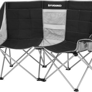 FUNDANGO Oversized Double Camping Chair, 660lbs Heavy Duty 2 Person Folding Padded Loveseat for Adults with Arm Cup Holder for Outdoor Patio Lawn Camp with Carry Bag (Black/Grey)